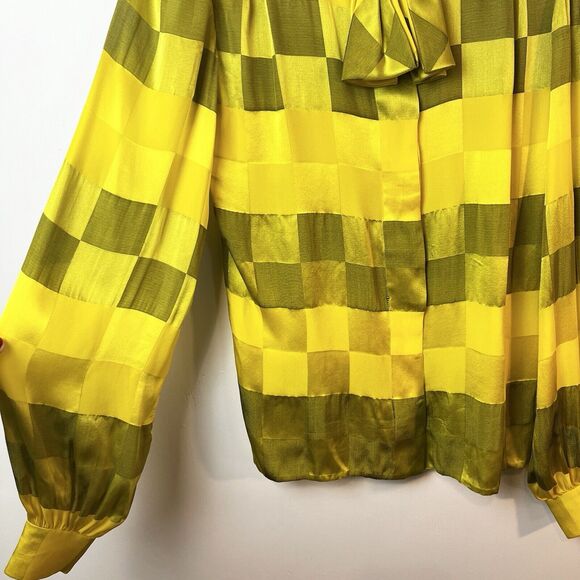 Andre’ Laug Silk Top Green Yellow Checkered Bow Vintage Women’s Sz 8 - Picture 4 of 11
